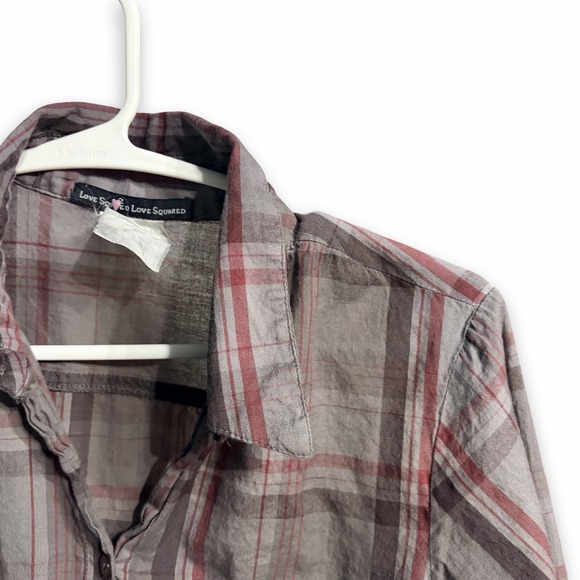Y2K Lightweight Plaid Button-Up Shirt 3/4 Sleeves Love Squared  100% Cotton WXS - Picture 2 of 5